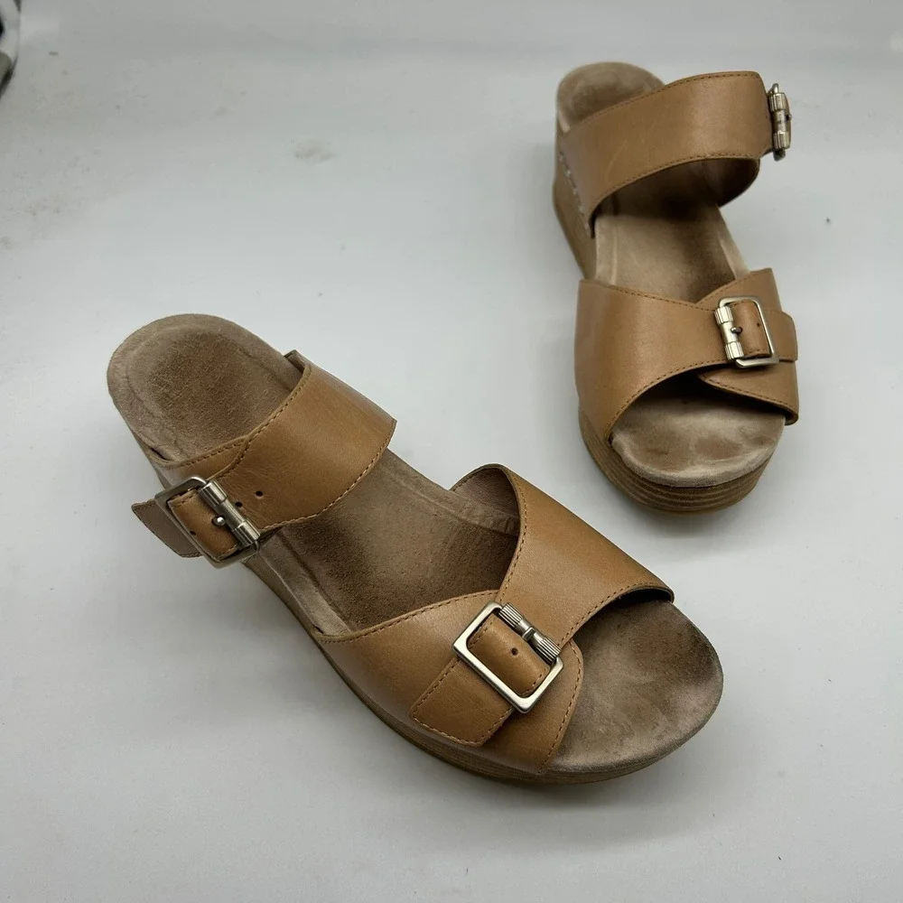Dansko Selma Tan Leather Platform Wedge Buckle Slide Sandals EU 41 US 10.5-11‎